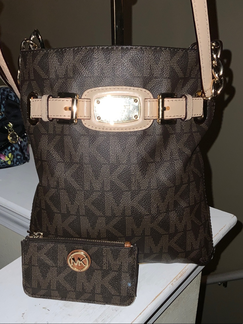 Michael Kors Brown Monogram Crossbody with Tan Trim and Wallet